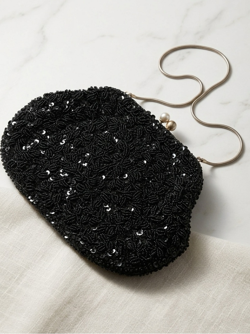 Vintage Black Beaded Evening Clutch with Gold Chain - Picture 1 of 10